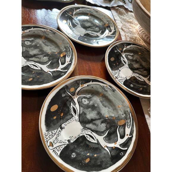 4 Anthropologie Moonlit Forest / Celeste Dessert Plates deer stag holiday cabin - Picture 4 of 6